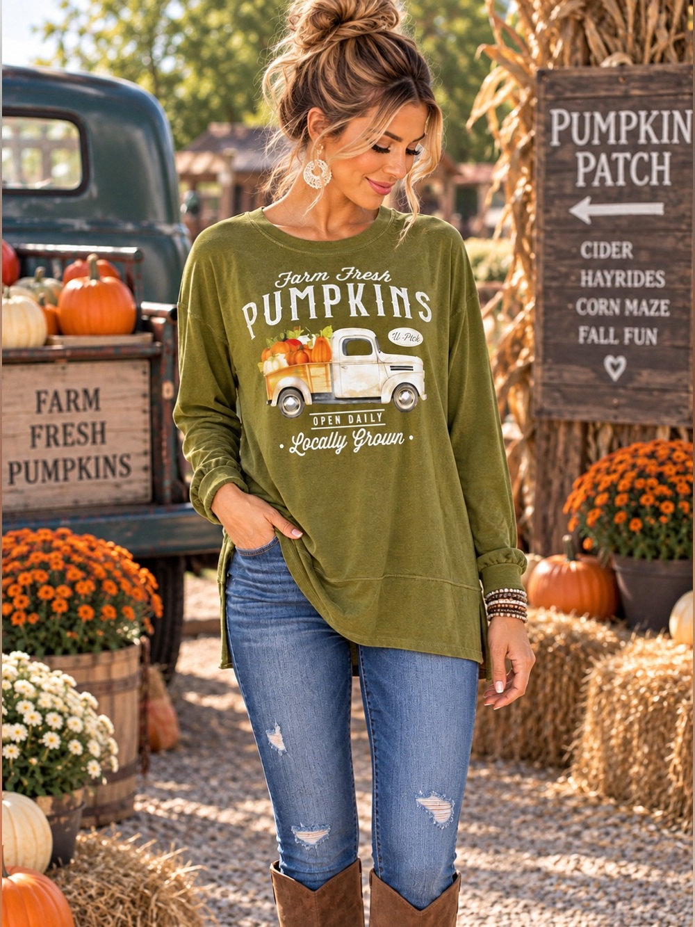PositiviTees Farm Fresh Pumpkins Fall Graphic Tunic Top XL Vintage Truck